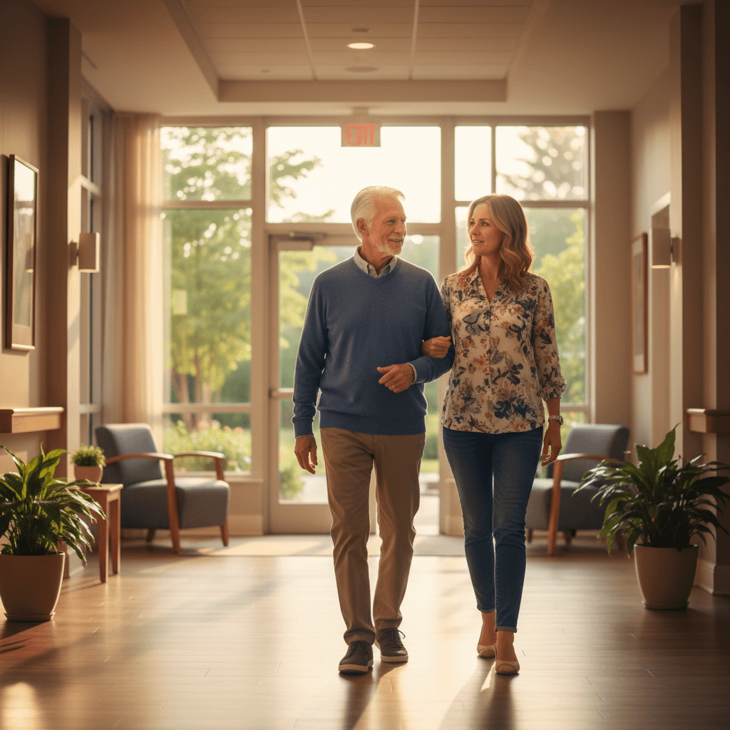 Family member and senior adult walking through a senior living community