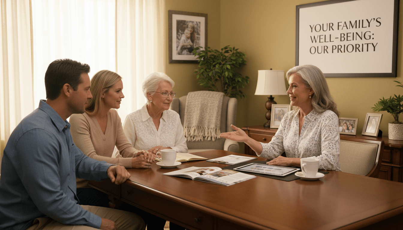 Senior care advisor having a warm conversation with a family in a bright, welcoming office