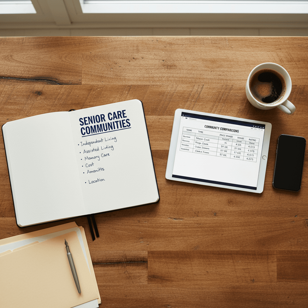 Professional workspace with senior care planning materials