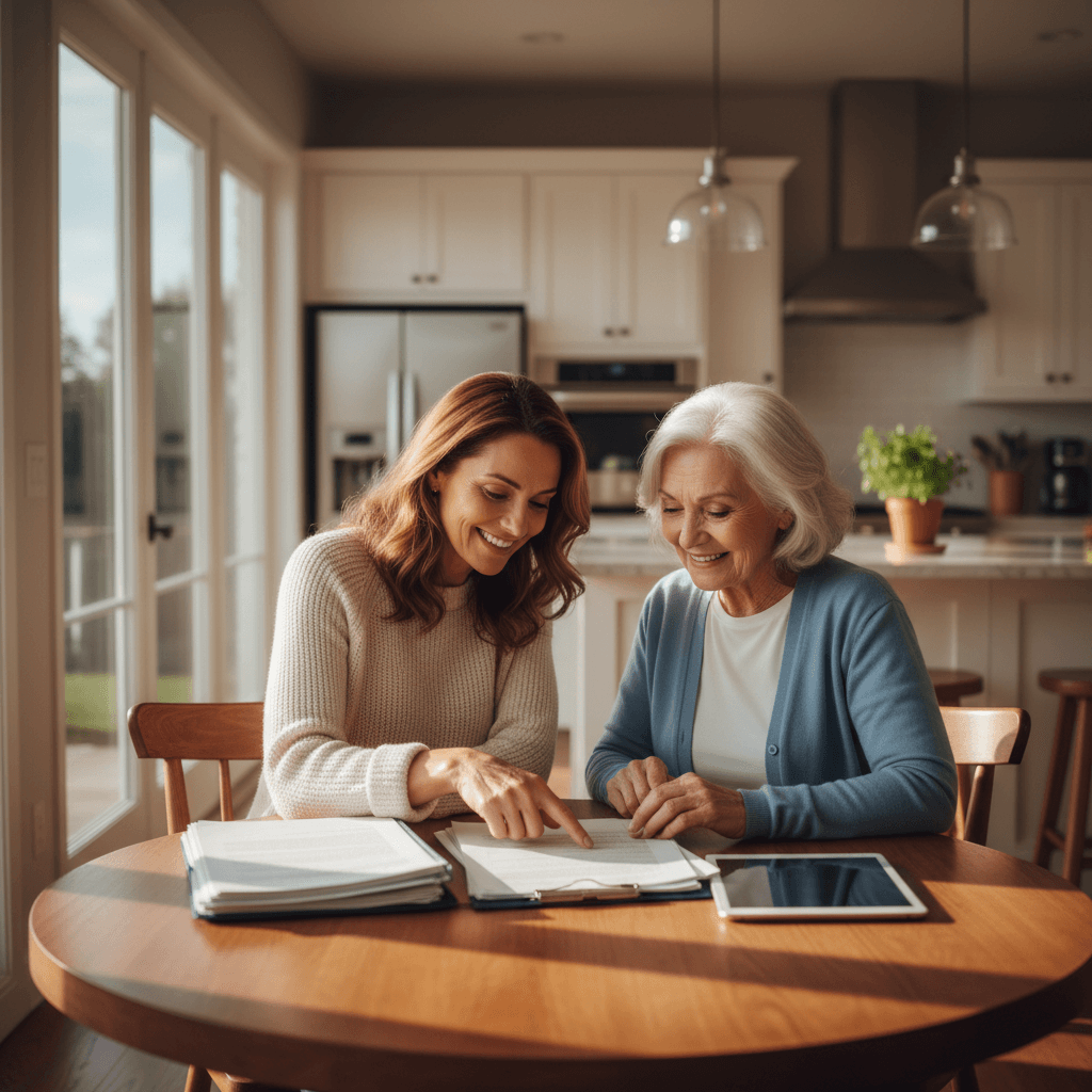 Adult daughter and senior mother reviewing senior living information together