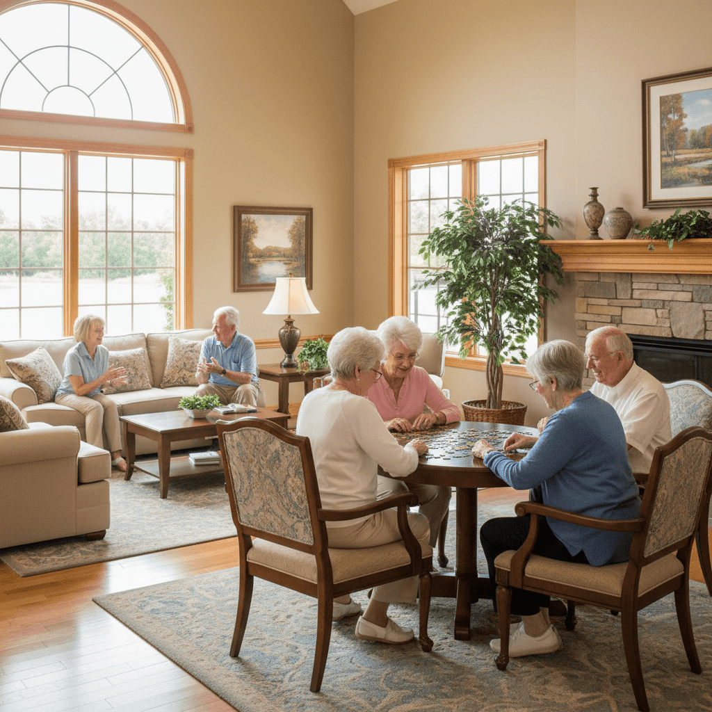 Senior living community common area with residents engaged in activities