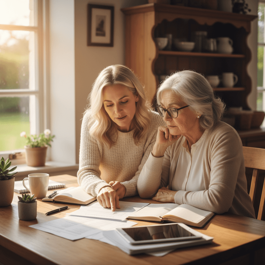 Adult daughter and senior mother reviewing senior living options together