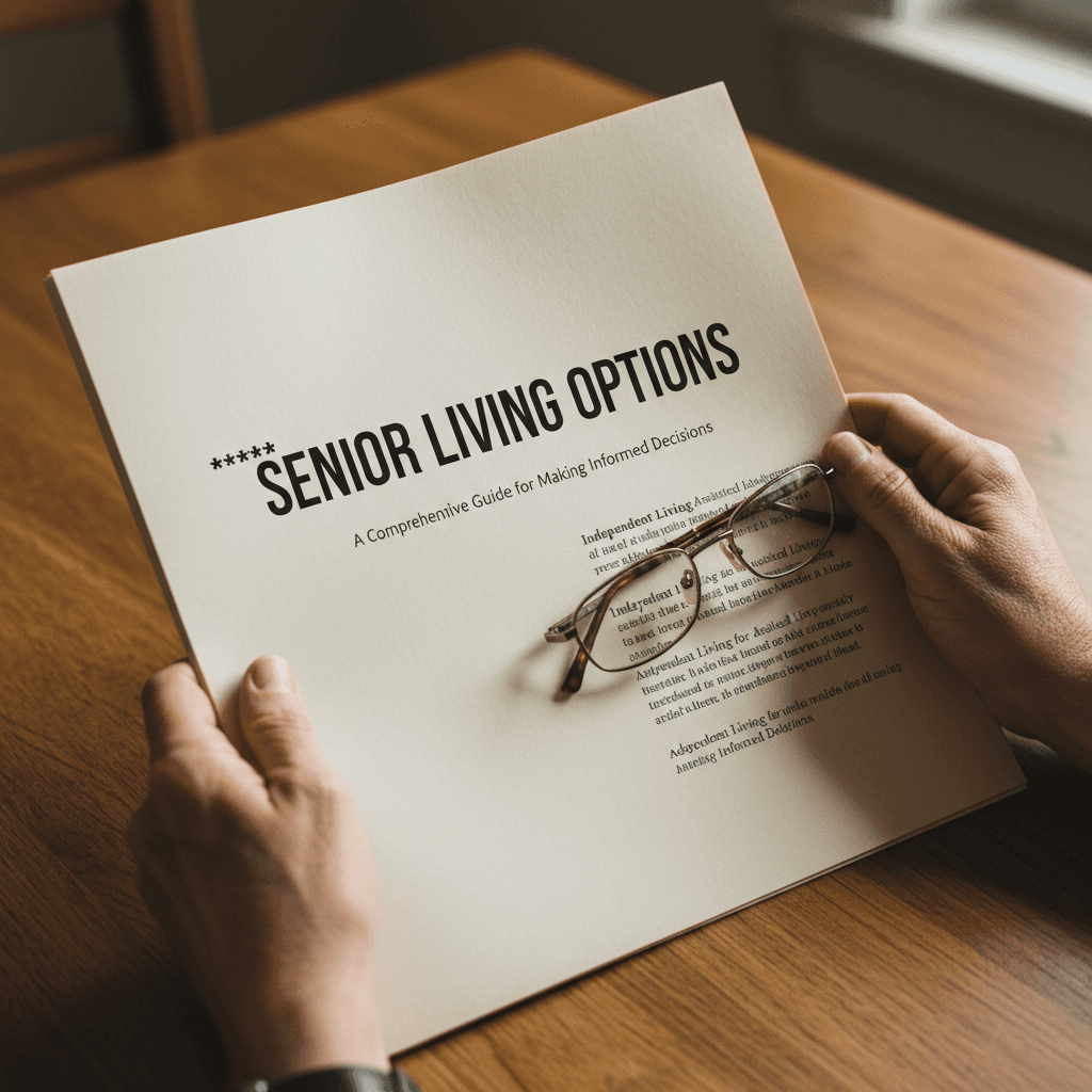 Hands holding senior living guide and reading glasses