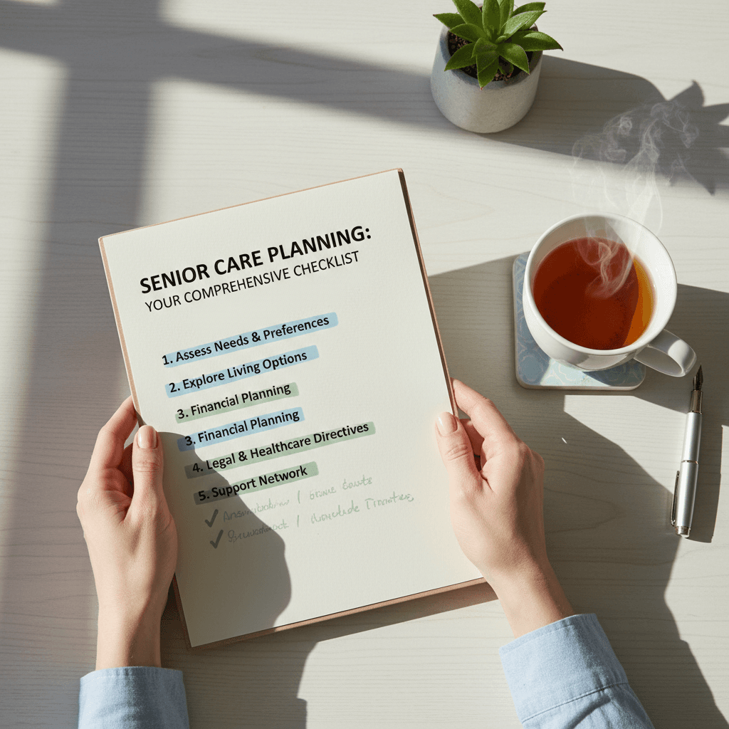 Clean, professional lifestyle aesthetic. Close-up overhead shot of hands holding a checklist for senior care planning
