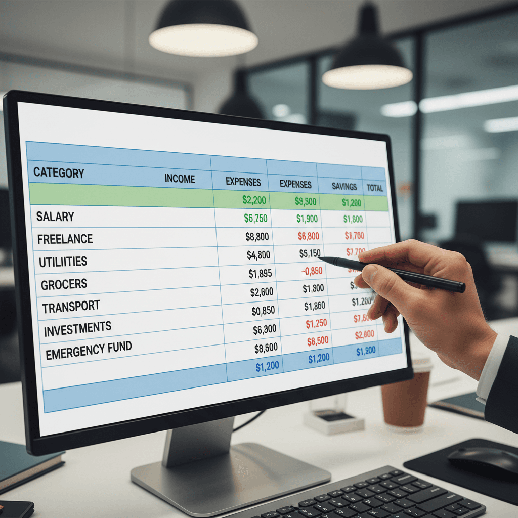 Close-up of computer screen showing detailed financial spreadsheet with budget categories and expense tracking