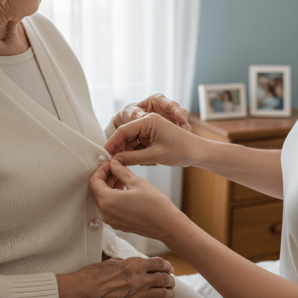Caregiver hands gently assisting elderly resident with buttoning cardigan in sunny bedroom with family photos