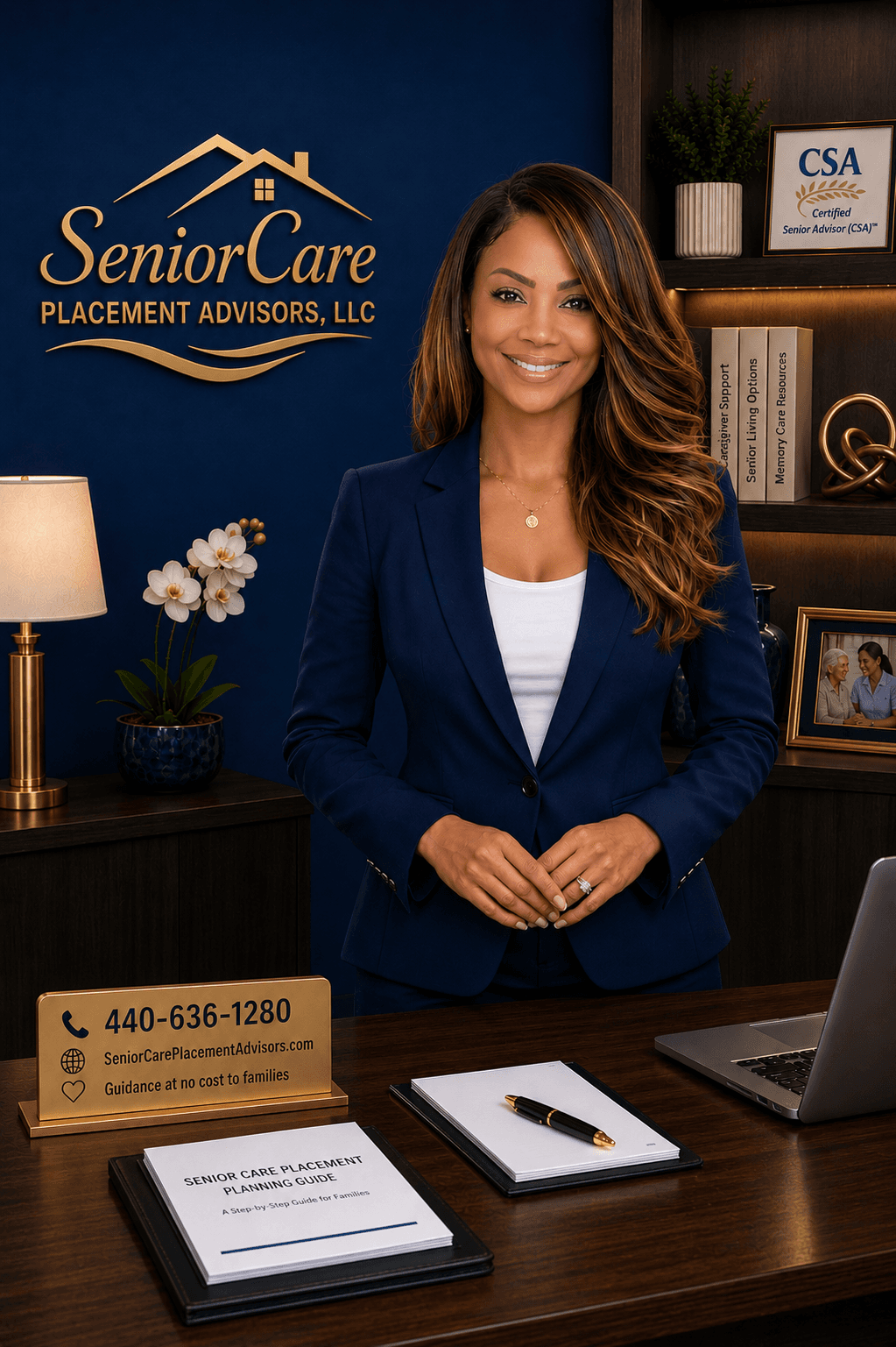 Smiling professional woman in navy blazer standing behind a desk for SeniorCare Placement Advisors.